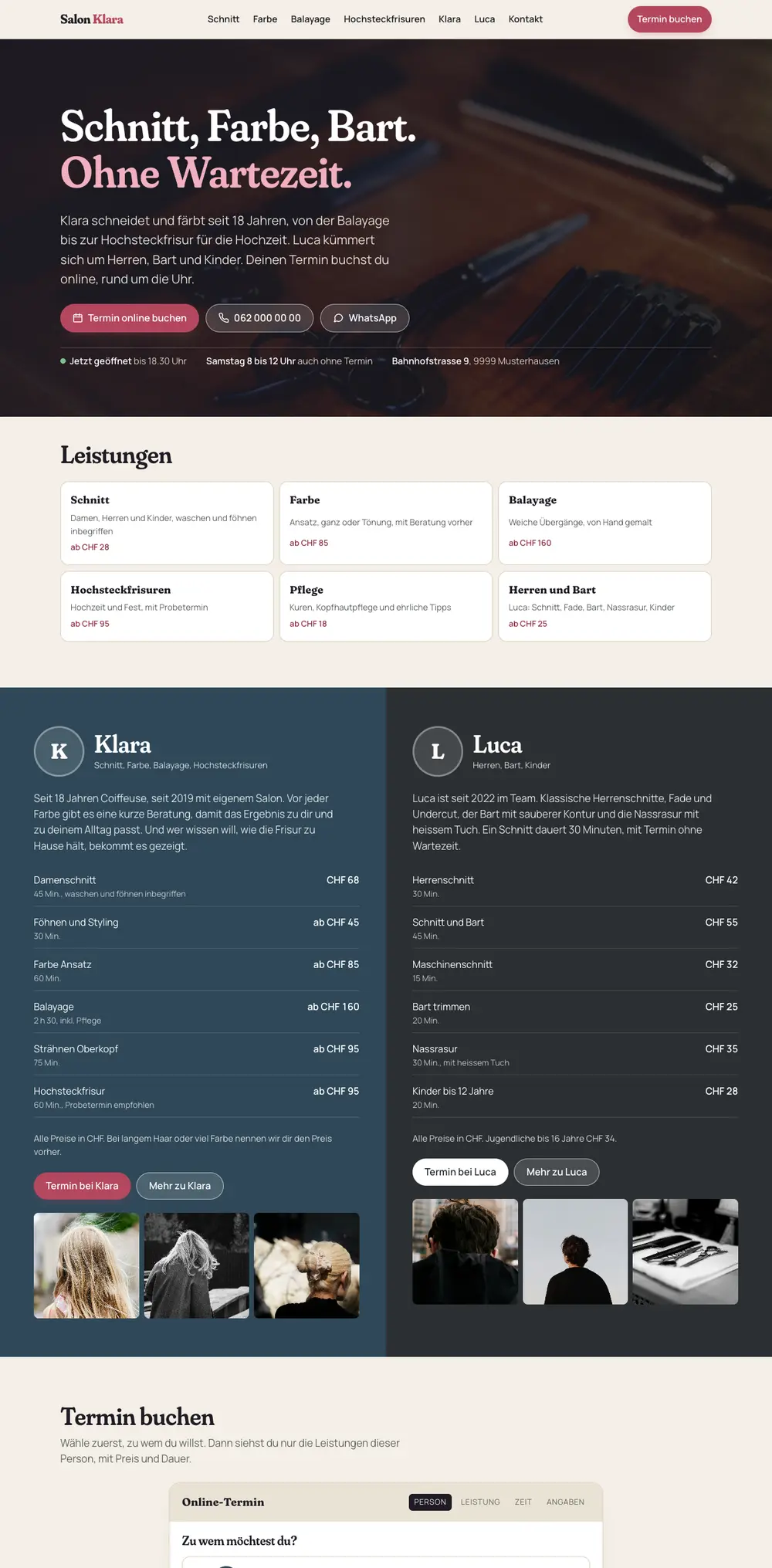 Entwurf für einen erfundenen Coiffeursalon am Computer und am Handy: Knopf zur Online-Buchung, Preisliste und Team