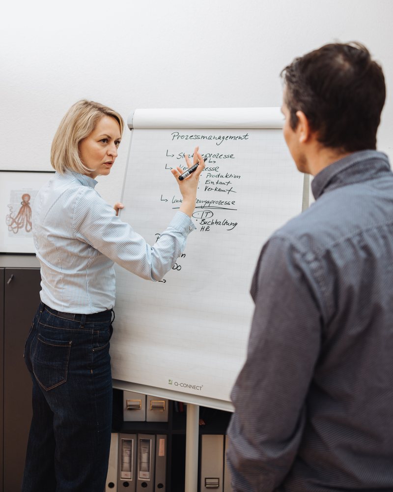 Katja Maurer am Flipchart, im Vordergrund Michi Maurer von hinten