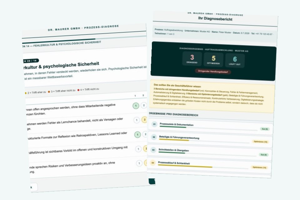 Prozess-Diagnose Tool: Fragebogen mit Bewertungsskala und Diagnosebericht mit Ampel-Auswertung (Beispieldaten)